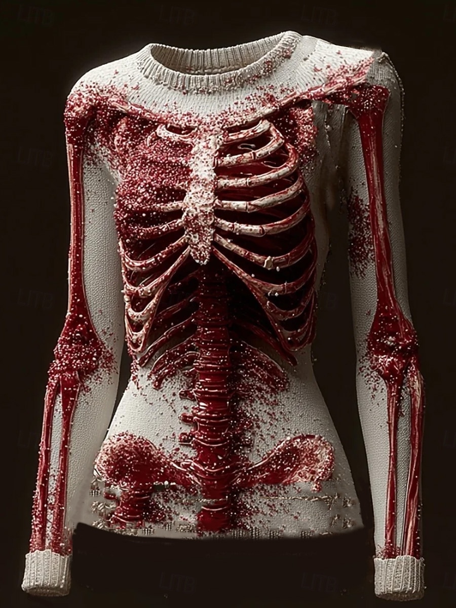Halloween Damenpullover Skelett Mode Lässig Grafik Skelett Rundhalsausschnitt Patchwork Gestrickte Lange Ärmel Reguläre Oberteile Strick Schwarz Rosa Herbst Winter 2025 - $29.99 –P3