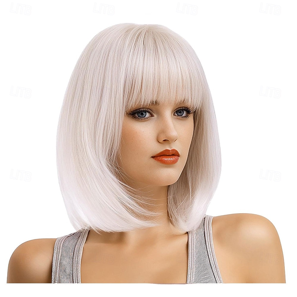 Perruque courte blanche platine avec frange, cheveux synthétiques ombrés à blonds, résistante à la chaleur, 12 pouces, pour femmes de 2025 ? $21.99 –P5