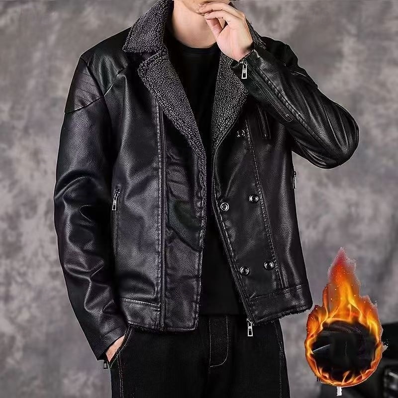 Men's Faux Leather Jacket Fleece Jacket Biker Jacket Motorcycle Jacket Daily Vacation Windproof Warm Pocket Fall Winter Plain Fashion Classic Lapel Regular Faux Leather Black Wine Jacket 2026 - $50.99 –P1