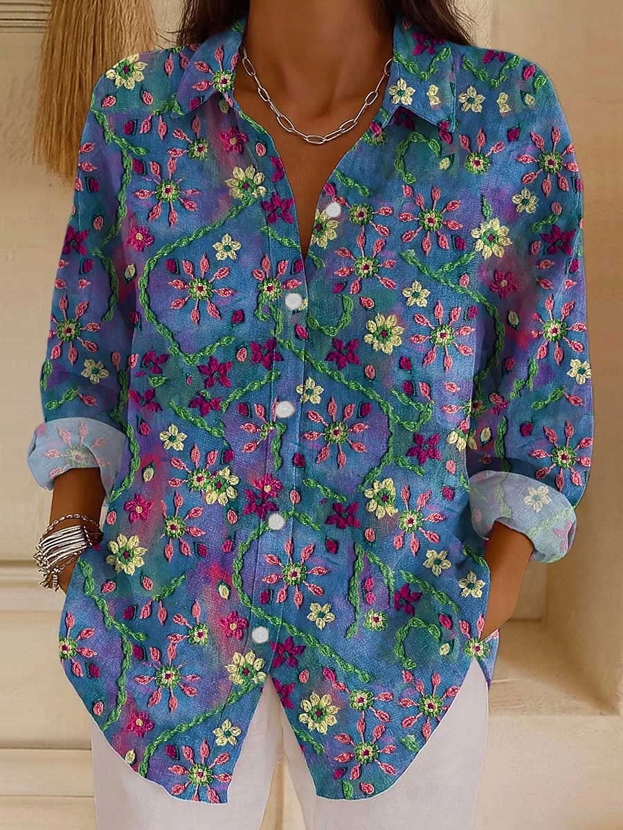  Dámská košile z lněného materiálu prodyšná lehká grafická geometrická abstraktní vintage tropická každodenní dlouhý rukáv límec běžné topy každodenní prázdninový potisk černá červená modrá fialová 2026 - $36.99 –P5