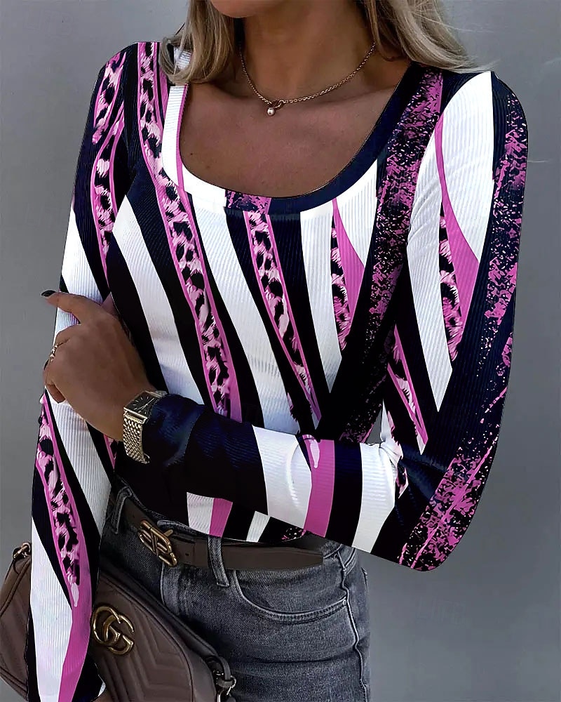 Dames Tuniek Afdrukken Grafisch Luipaard Abstract Vintage Modieus Stijlvol Lange mouw Vierkante hals Normale tops Dagelijks blauw Paars Groen Khaki Lente Herfst 2026 - $26.99 –P3