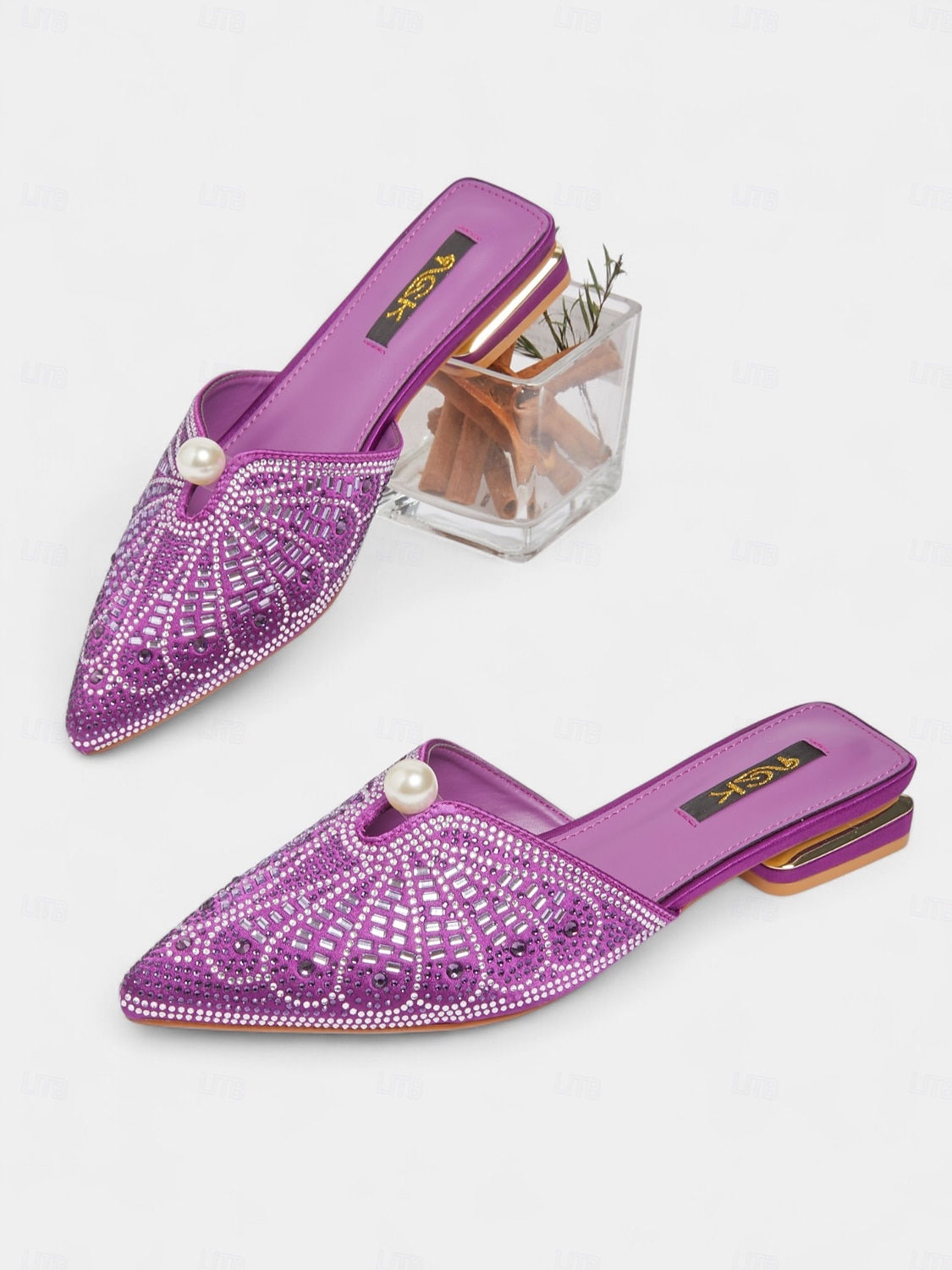 mules femininas com strass dourados e detalhes em pérolas - sapatos glamorosos de bico fino e sem cadarço para a vida noturna e coquetéis de 2025 por $32.99 –P3