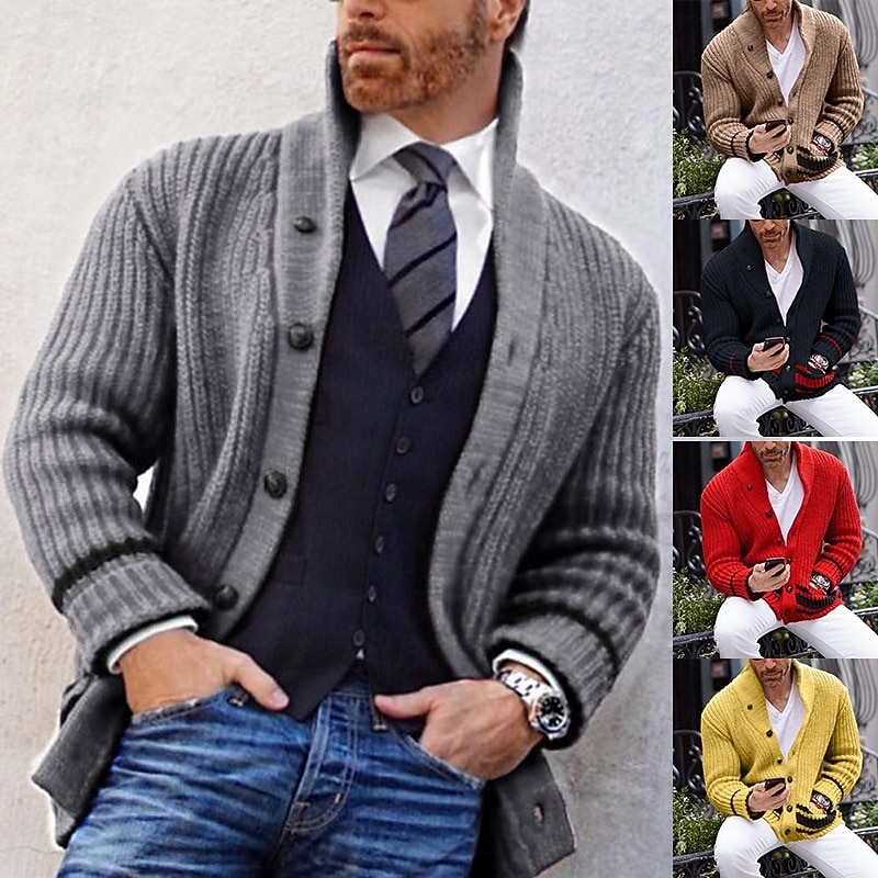 Men's Sweater Cardigan Sweater Ribbed Knit Regular Tops Knitted Plain V Neck Vacation Fashion Casual Daily Wear Clothing Apparel Spring &  Fall Black Yellow M L XL 2025 - $36.99 –P1