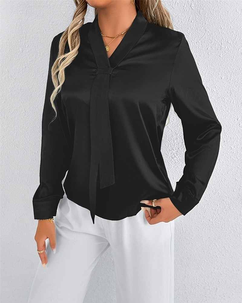 Per donna Camicia Camicia in raso Tinta unica Elegante Casual Manica Lunga Scollo a V Top Regolari Quotidiano Uscire Nodo frontale Nero Bianco Primavera Autunno del 2025 a $18.99 –P8
