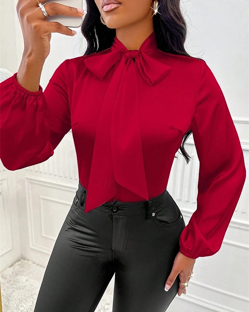 Women's Shirt Elegant Dressy Satin Top Bow Solid Color Elegant Stylish Basic Long Sleeve Tie Neck High Neck Regular Tops Daily Going out Red Spring Fall 2026 - $26.99 –P6