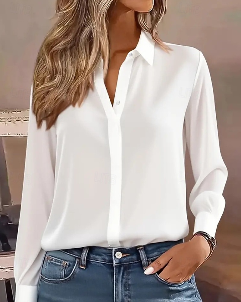 Women's Shirt Elegant Dressy Satin Top Buttons Plain Elegant Stylish Long Sleeve Shirt Collar Regular Tops Holiday Going out Black White Spring Fall 2026 - $19.99 –P1