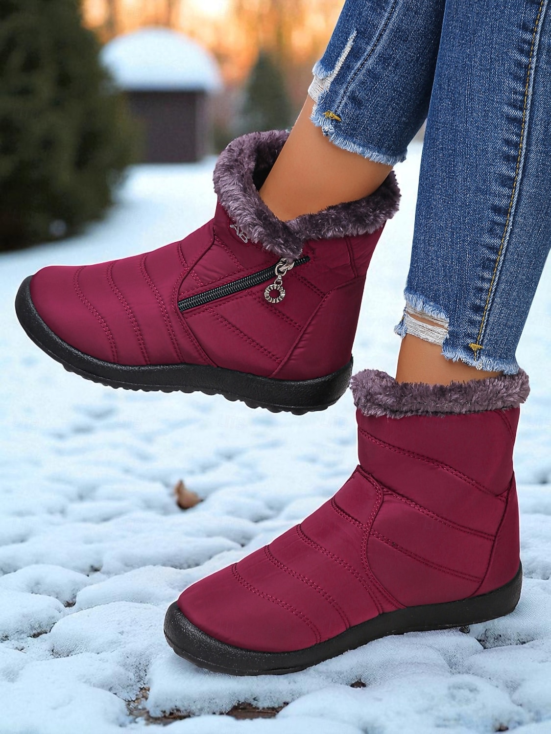 stivali da neve invernali caldi da donna con fodera in pelliccia sintetica e cerniera laterale, stivaletti antiscivolo impermeabili per l'uso all'aperto del 2026 a $29.99 –P1