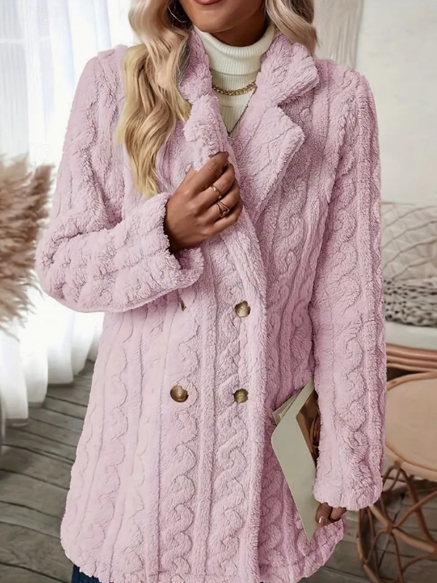 Dames Fleecejack Teddy jas Houd Warm Ademend Zak Met fleece gevoerd Casual Effen Vakantie Straat Casual Alledaagse kleding Dubbele rij knopen Lang Ingesneden revers Normale pasvorm Lange mouw 2025 - $44.99 –P9