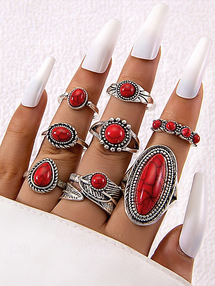 Женский винтажный комплект колец с опалом, посеребренные кольца в богемском стиле с регулируемой длиной, украшения для вечеринок, свадеб и повседневной носки 2025 - $11.99 –P8