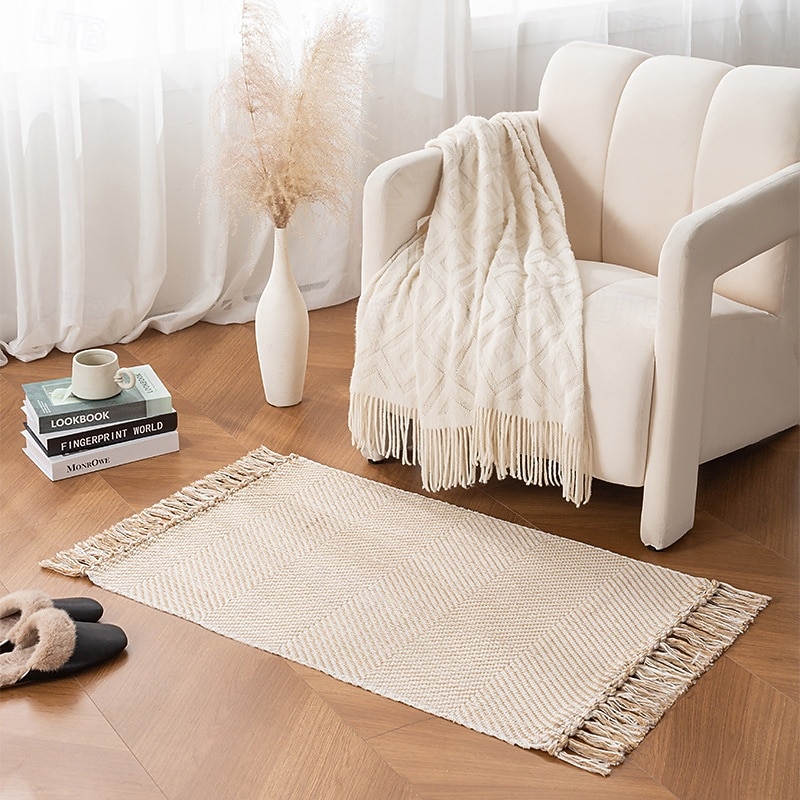 Minimalistický bavlněný tkaný koberec s střapcem do obývacího pokoje, luxusní polyesterová směs, polštář na pohovku, rohožka do předsíně, ložnice, koberec do postele, dekorativní měkký pratelný 2025 - $18.49 –P5