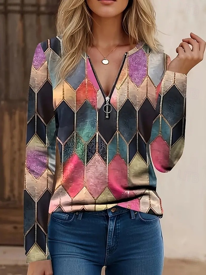 Женская футболка с короткой молнией на груди длинный рукав повседневная графическая tribal винтажная бохо тропическая гавайская V-образный вырез обычные топы для повседневной носки черная весна осень 2026 - $25.99 –P9