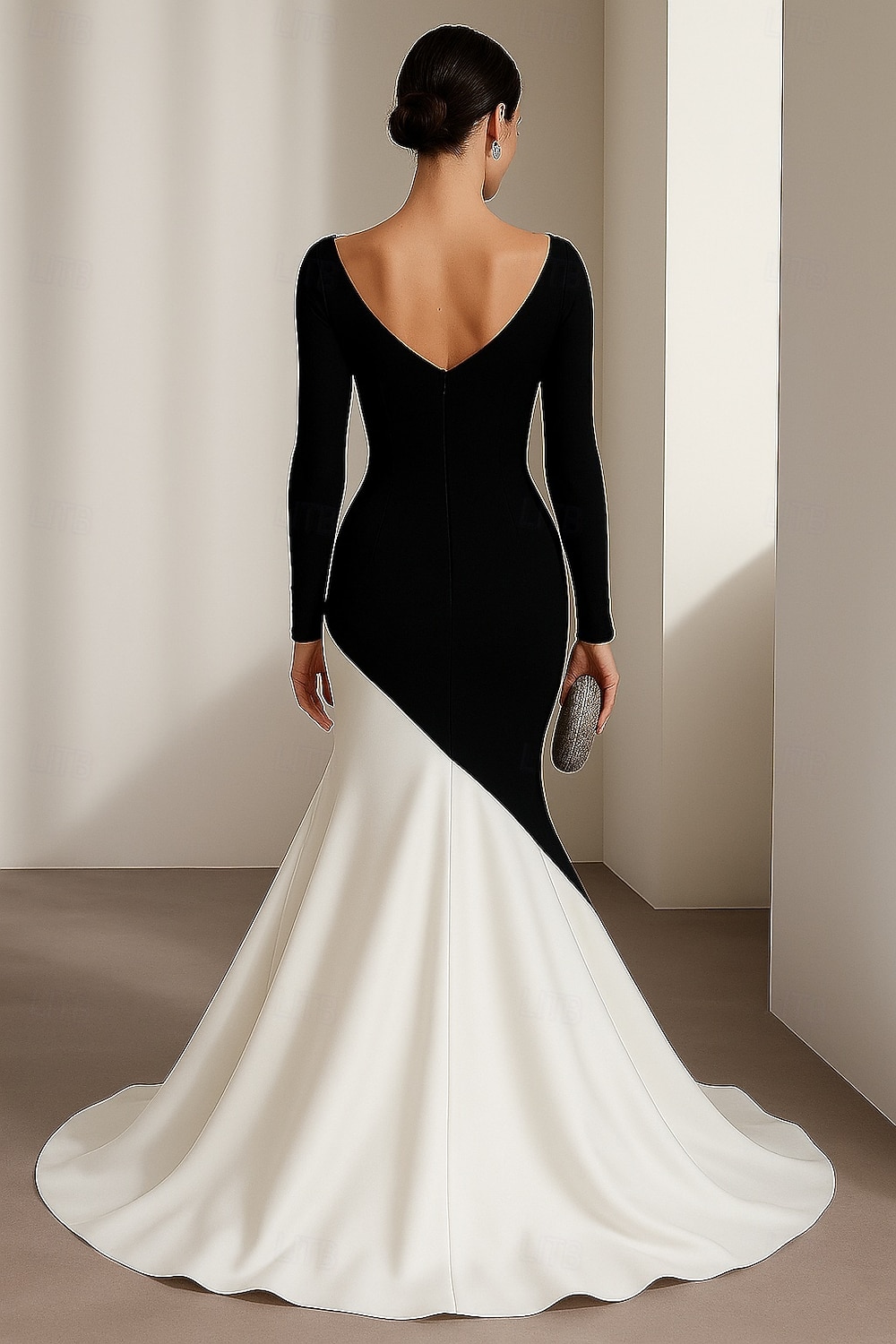 Robe de soirée sirène/trompette noire et blanche, élégante robe de soirée formelle, longueur au sol, manches longues, col en V, crêpe extensible avec plis, cristaux et perles, 2025 de 2025 ? $159.99 –P2