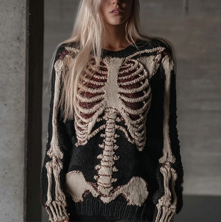 Halloween Damenpullover Skelett Mode Lässig Grafik Skelett Rundhalsausschnitt Patchwork Gestrickte Lange Ärmel Reguläre Oberteile Strick Schwarz Rosa Herbst Winter 2025 - $29.99 –P4