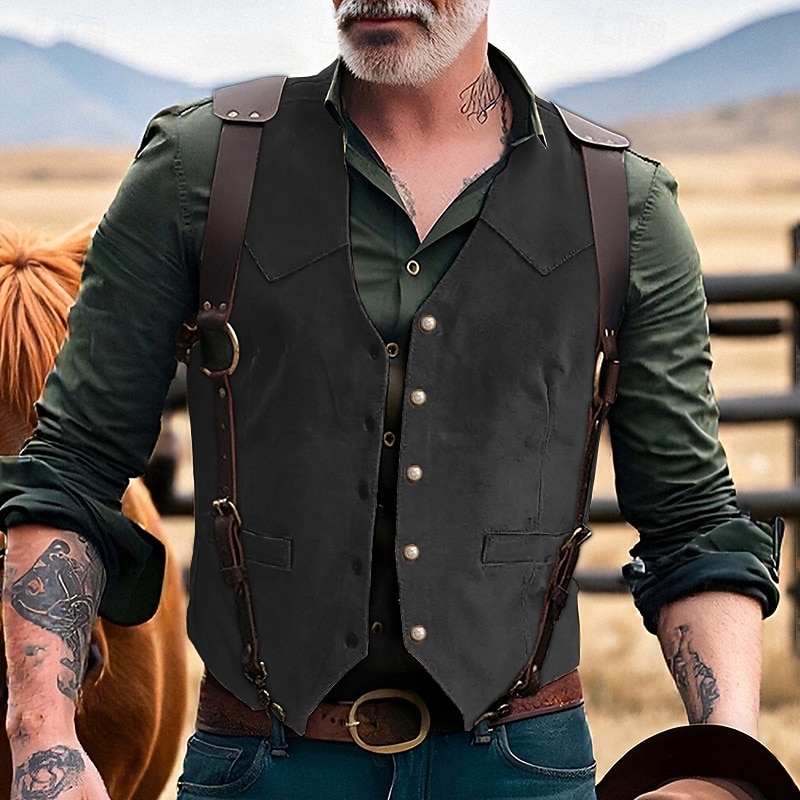 Herren Weste aus Wildlederimitat Weste Gilet Urlaub Party Geschäft Mode Lässig Frühling Herbst Tasche Knöpfe Polyester Bequem Einfach Einreihig Ein-Knopf V Ausschnitt Normale Passform Schwarz 2025 - $32.99 –P1
