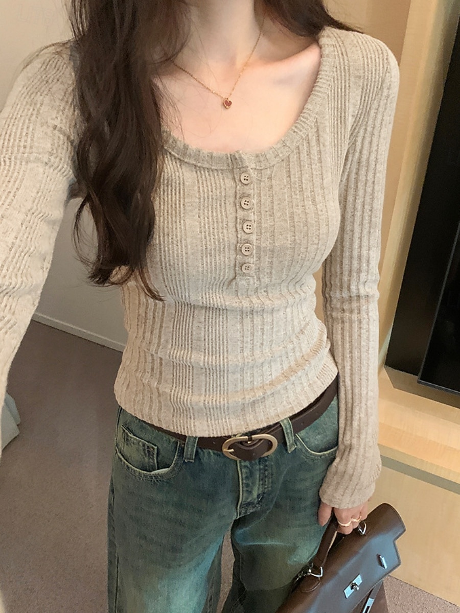 Damen Bluse Knöpfe Einfarbig Stilvoll Lässig Langarm Rundausschnitt Normale Oberteile Täglich Marineblau Dunkelgray Grau Frühling Herbst Winter 2026 - $21.99 –P1