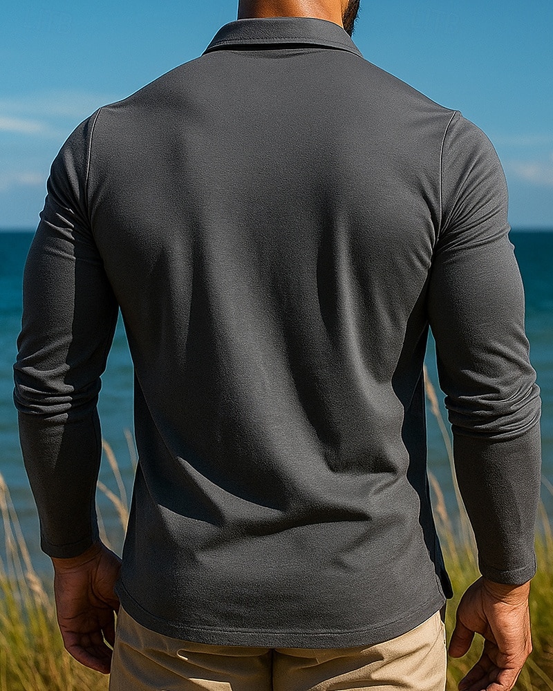 Herre POLO T-skjorte Langermet Aftæpning Topper Utendørs Pustende Vår Høst Polyester Svart Militærgrønn Rød Tennis Golf Løp 2026 - $26.99 –P2