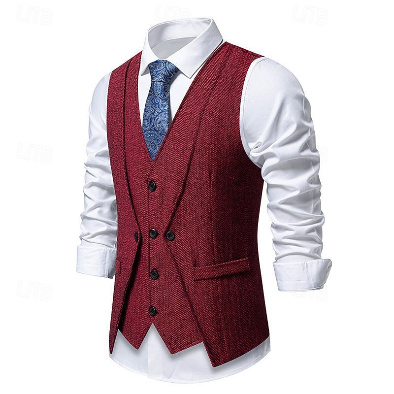 Herren Weste Gilet Urlaub Party Geschäft Mode Lässig Frühling Herbst Tasche 2 in 1 Knöpfe Polyester Bequem Einfach Einreihig Ein-Knopf V Ausschnitt Normale Passform Wein Marineblau Dunkelgray Kaffee 2025 - $33.99 –P6