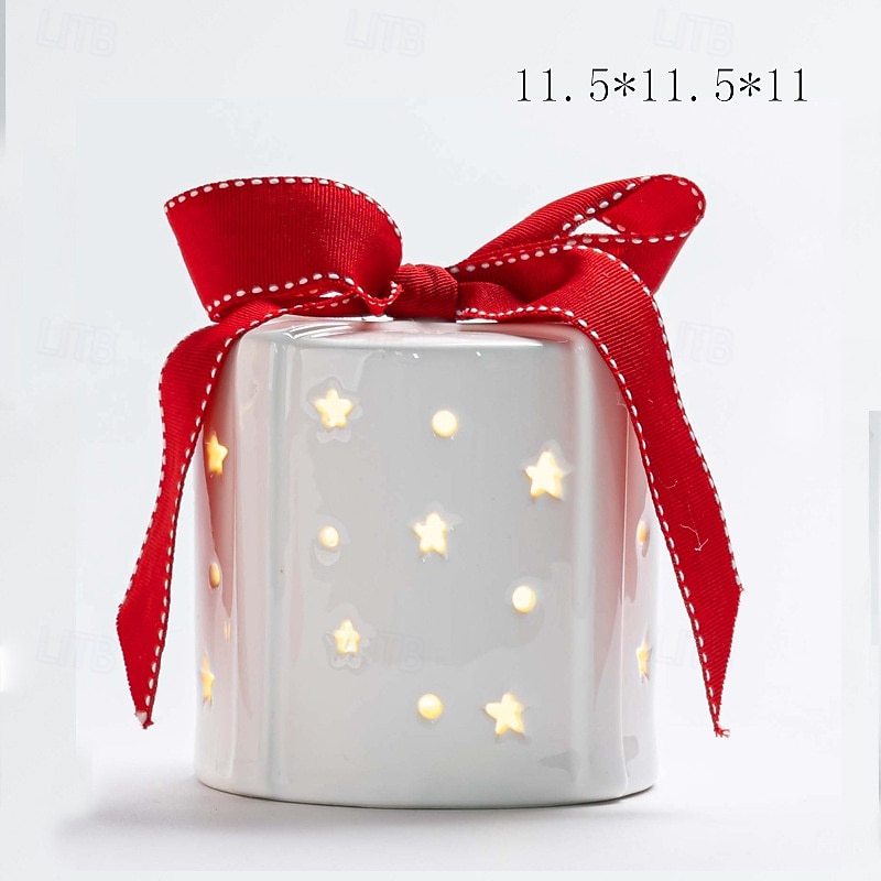 Christmas bow ribbon ceramic translucent pentagonal LED gift box decorative light indoor bedroom study dining room party desktop decoration light LR44 battery 11CM 2025 - CAD $14.99 –P2