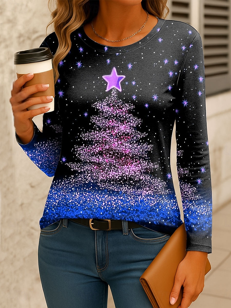 Noël Femmes T-shirt Graphique Arbre de Noël ancien Mode Élégant manche longue Col ras du cou Hauts Réguliers Quotidien Week-end Imprimé Jaune Rose Claire Rouge Bleu Vert Printemps Automne Hiver de 2025 ? $26.99 –P5