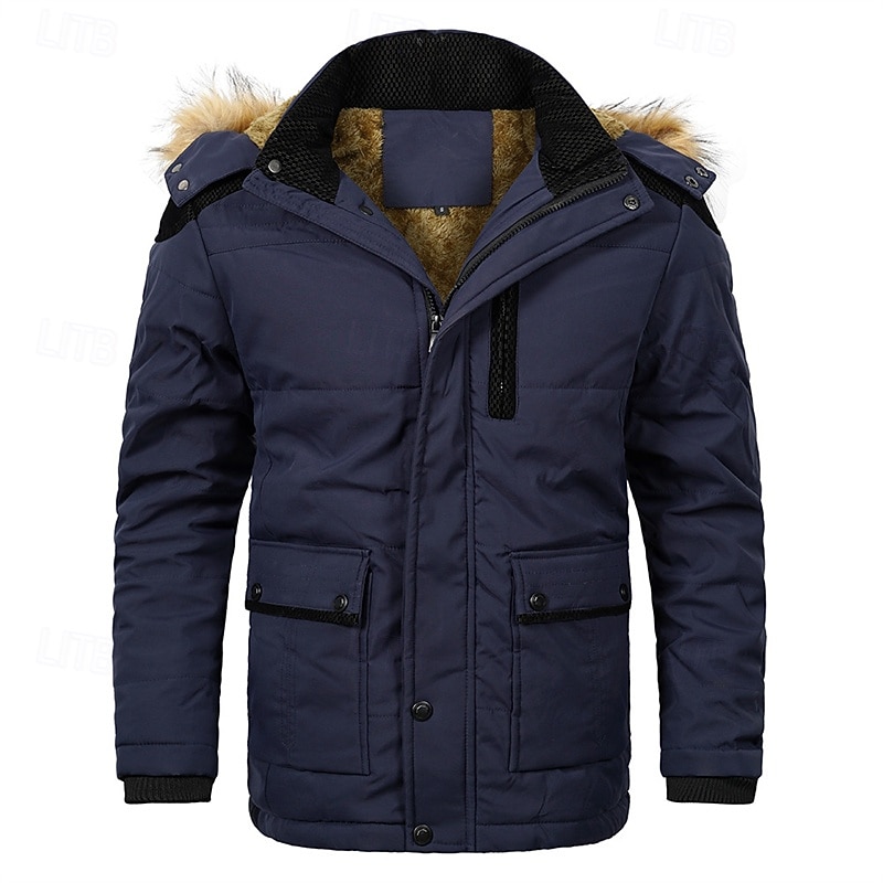 Men's Winter Coat Fleece Jacket Parka Pocket Fleece Polyster Vacation Daily Wear Date Regular Fashion Casual Comfortable Thermal Warm Fall Winter Solid / Plain Color Black Khaki Dark Blue Puffer 2025 - $66.99 –P9