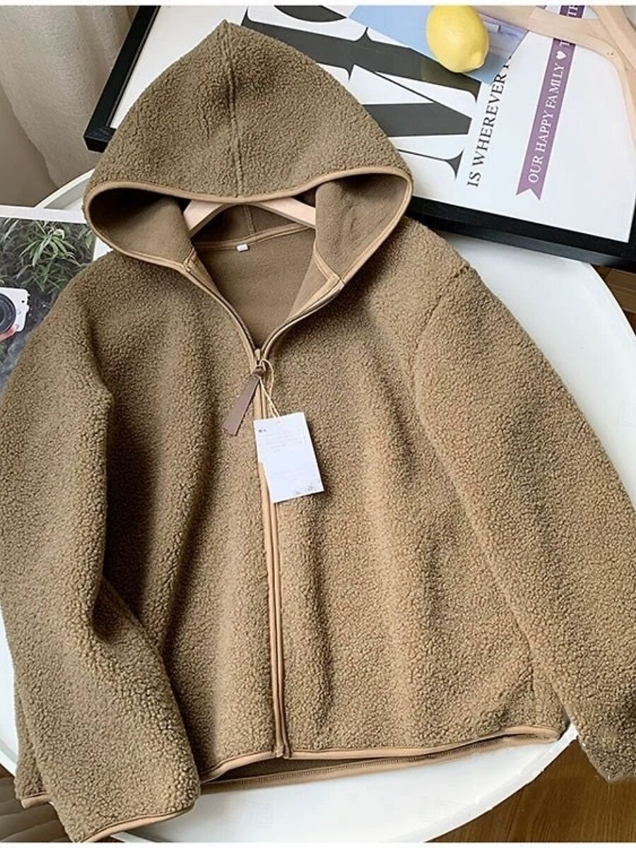 Mulheres Jaqueta sherpa Jaqueta casual Casaco com capuz Confortável Respirável Zíper Casual Tecido Férias Rua Casual Roupa Diária Zíper Padrão Com Capuz Normal Manga Longa agasalhos Azul Claro Preto de 2025 por $36.99 –P9