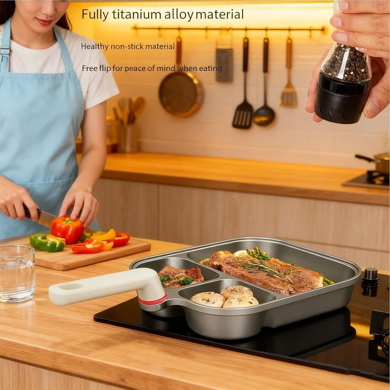 Poêle antiadhésive 3 en 1 en alliage de titane avec poignée surélevée anti-brûlure, grattoir et brosse à huile, poêle à petit-déjeuner, marmite à hamburger, poêle à petit-déjeuner multi-sections, gril de 2026 ? $33.99 –P3