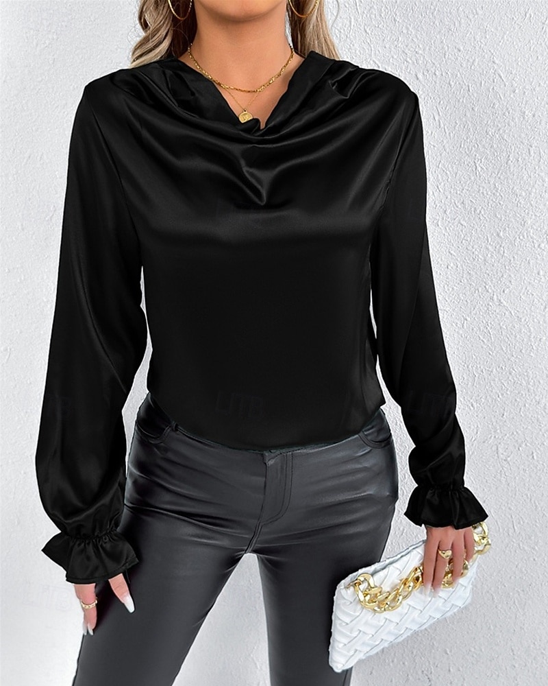 Жен. Рубашка Elegant Нарядный Атласный верх Драпировка Сплошной цвет Стиль На каждый день Длинный рукав Вырез-хомут Обычные топы Повседневные На выход Черный Розовый Зеленый Абрикосовый Весна Осень 2026 - $27.99 –P7