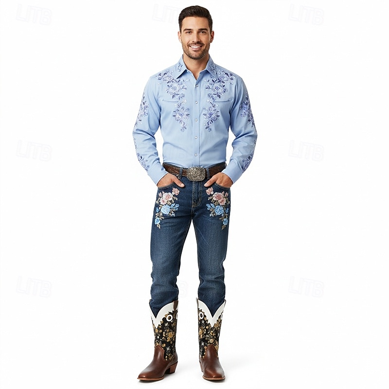 Pánské kovbojské boty se zlatou květinovou výšivkou – klasické westernové boty do půli lýtek na rodeo, country koncerty a venkovní akce 2025 - $59.99 –P1