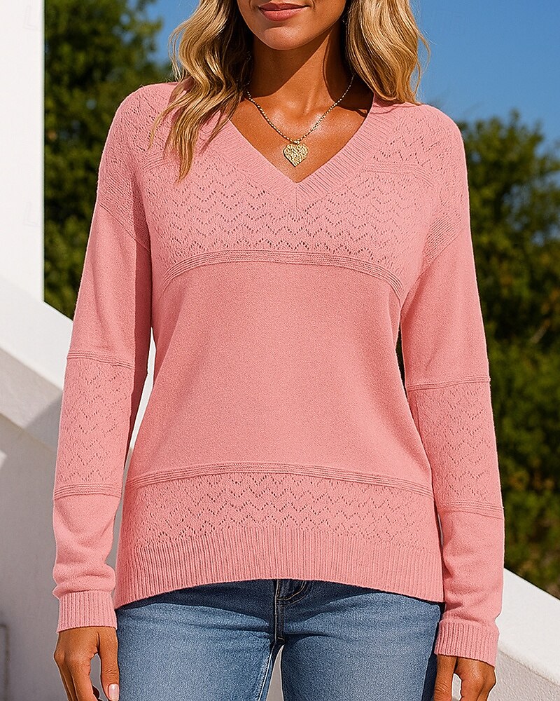 Dam Stickad tröja Pullover tröja Ihålig Långärmad Överdelar Fritids- Höst V-hals Färgblock Mode Utomhus Resor Sport Sportkläder Sportkläder Vinrött Svart Vit 2025 - $26.99 –P2