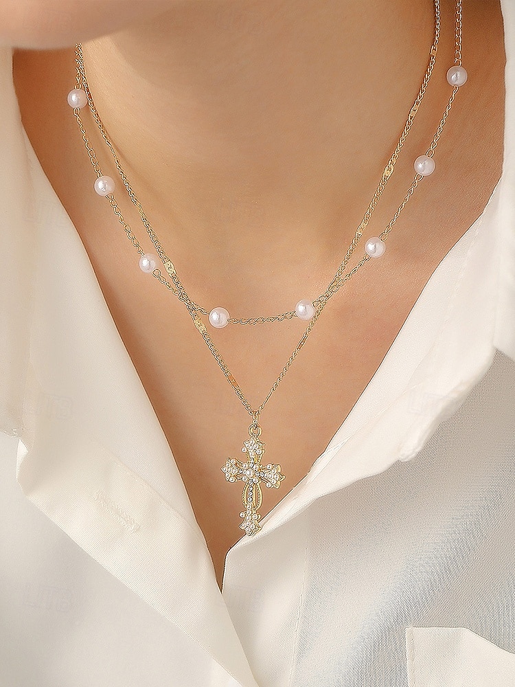 Collar de cruz navideña para mujer, cadena de oro en capas con colgante de perla y diamantes de imitación, elegante joyería navideña para fiestas, bodas y regalos. 2026 - $5.99 –P3
