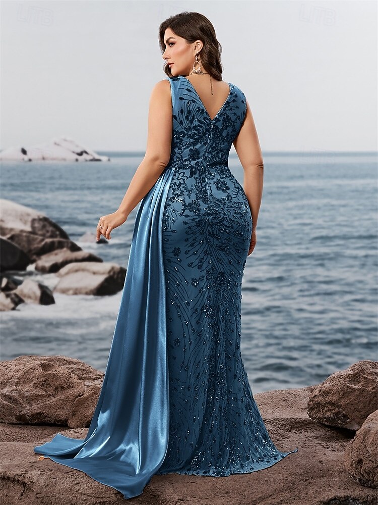 sereia / trompete vestido de noite vestido formal brilhante festa à noite roupa de festa comprimento longo sem mangas decote em v capas com lantejoulas costas em v com xale de lantejoulas de 2025 por $147.99 –P1
