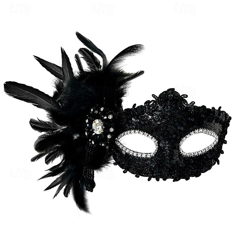 Damemaske med fjær og paljetter i burgunder med strass, gotisk venetiansk stil, kostymetilbehør til halloween-fester og maskeradeball 2025 - $24.99 –P4