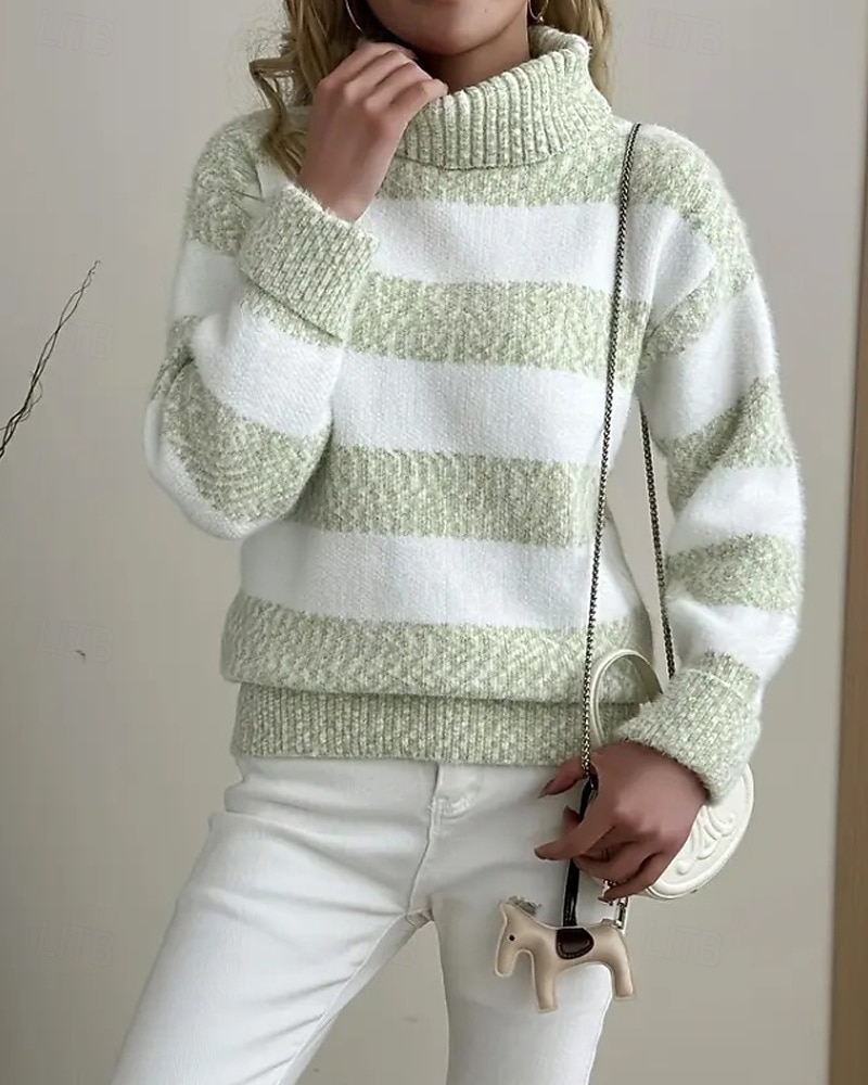 Naisten Neulos Pusero Vapaa-aika Pehmeä Raidoitettu Joustin Poolokaulus Kudottu Pitkähihainen Tavalliset topit Neuloa Päivittäin Pyhäpäivä Viikonloppu Vaalean vihreä Punastuvan vaaleanpunainen Syksy 2025 - $24.99 –P4