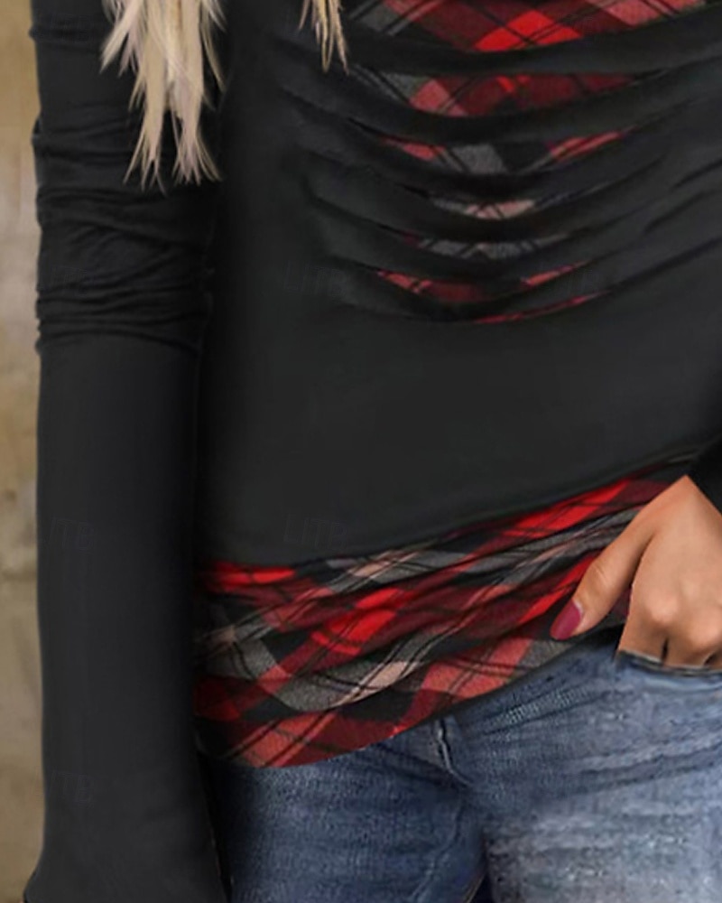 Γυναικεία Πουκάμισο Μπλούζα Στάμπα Καρό Στυλάτο Βασικό Καθημερινό Μακρυμάνικο Λαιμόκοψη V Κανονικά μπλουζάκια Καθημερινά Αργίες Μαύρο Άνοιξη Φθινόπωρο 2026 - $24.99 –P3