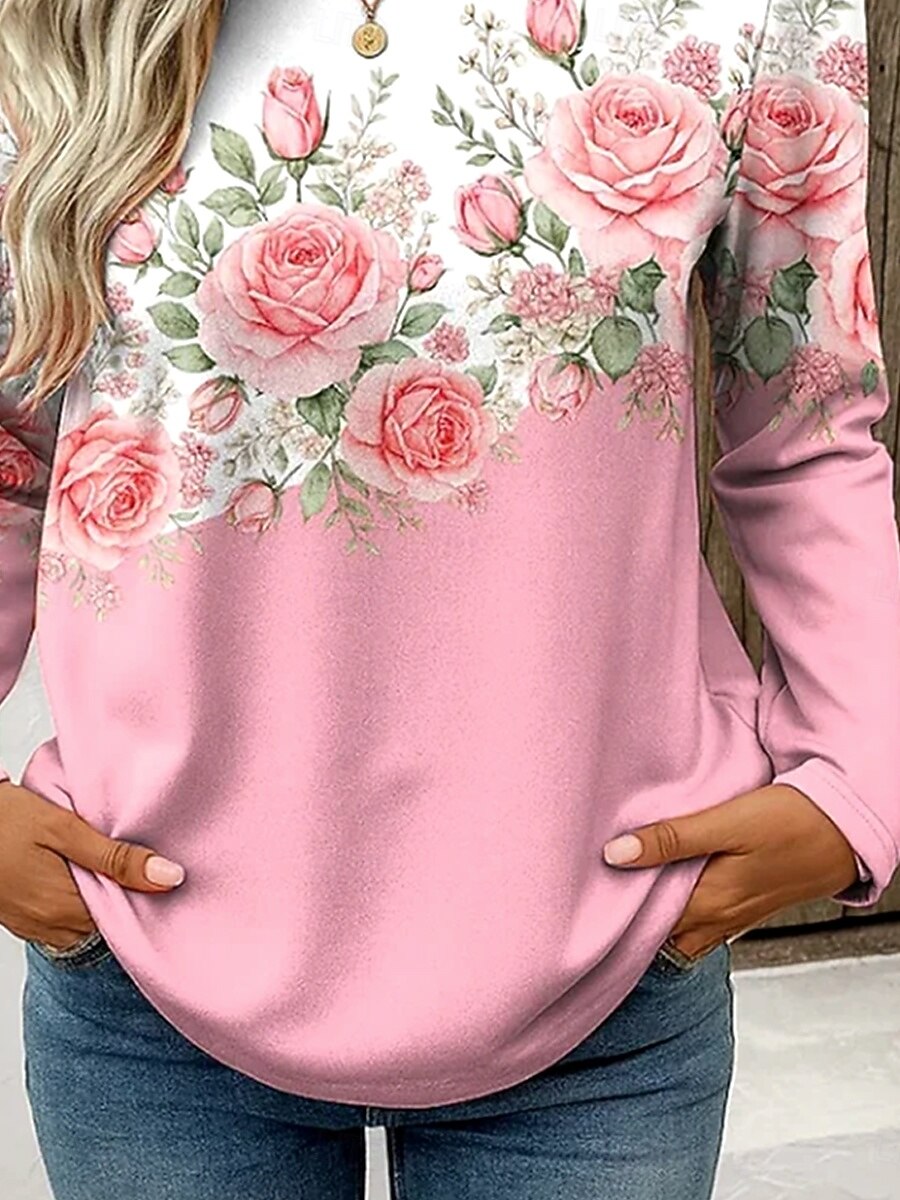Per donna Maglietta Stampato Floreale Grafico Piante Vintage Elegante Classico Manica Lunga Girocollo Top Regolari Quotidiano Rosa Primavera Autunno Inverno del 2026 a $24.99 –P3