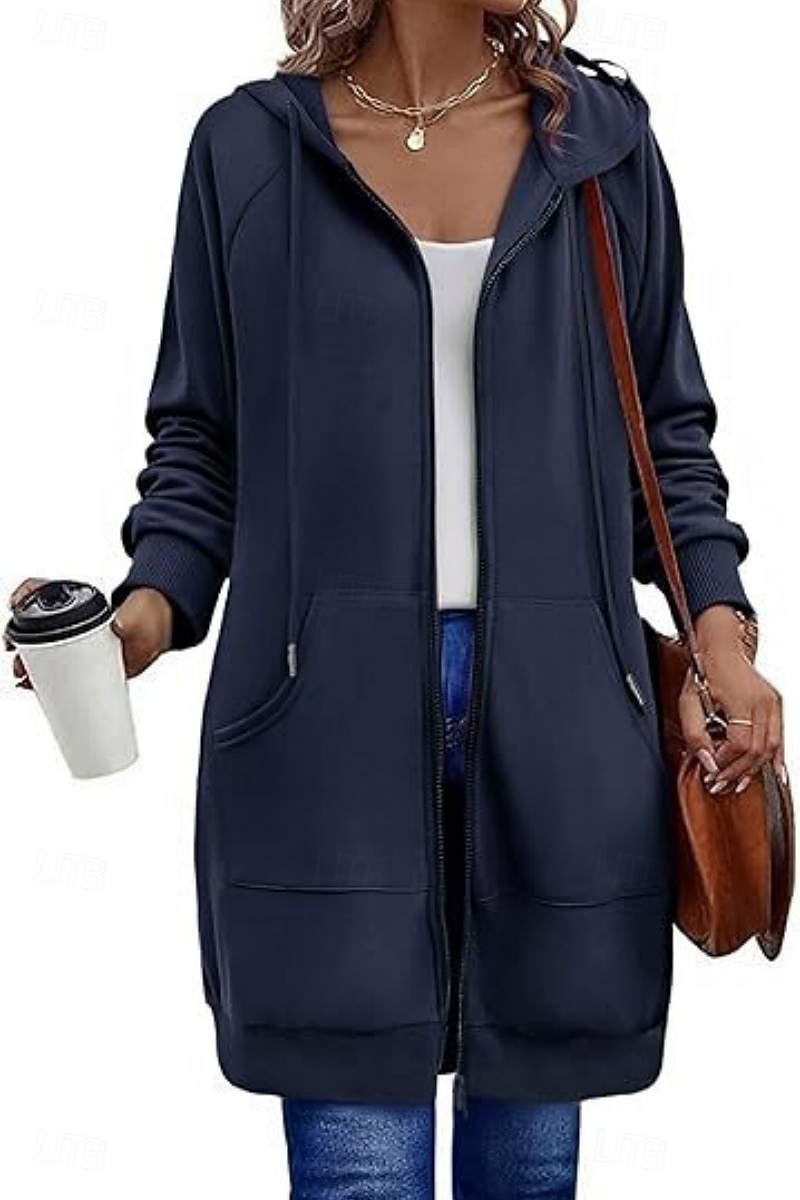 Naisten Huppari takki Mukava Hengittävä Vetoketju Tasku Vapaa-aika Tavallinen Loma Katu Kausaliteetti Arki-asut Vetoketju Pitkä Hupullinen Normaali Pitkähihainen Päällysvaatteet Laivasto Musta 2026 - $41.99 –P10
