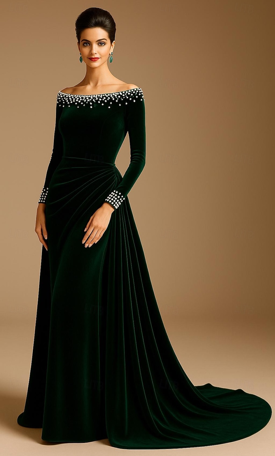 A-Line Sheath Column Sweep Brush Train Velvet Dress Vintage Dress Formal Dresses Evening Gown Ball Gown with Overskirt Elegant Glittering Celebrity Style Long Sleeve Off Shoulder Wedding Formal Velvet 2026 - $195.99 –P1