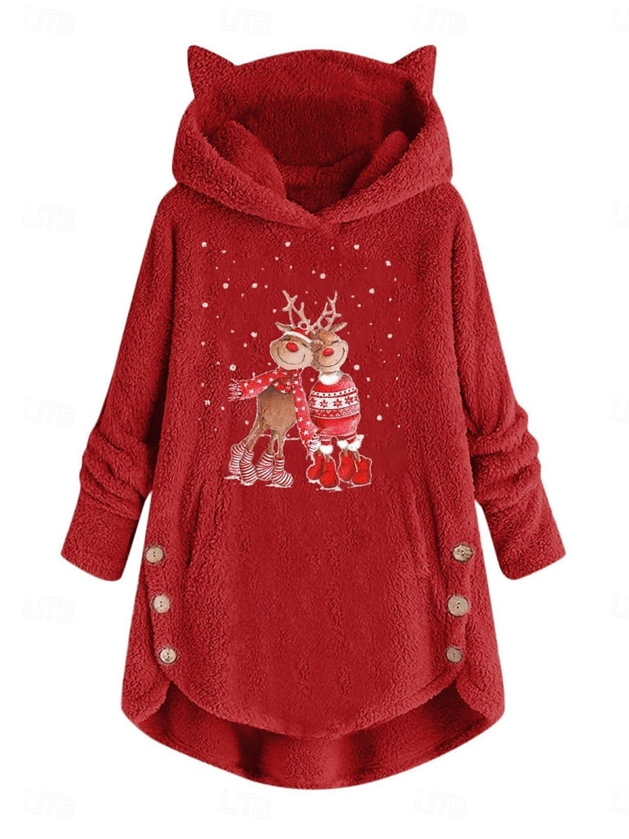 Dame Pullover hettegenser-genser Grafisk Reinsdyr Fritid Langermet Med hette Crop Tops Gate Hverdag Avslappet Lomme Trykt mønster Rosa Vin Grå Høst Vinter 2025 - $41.99 –P3