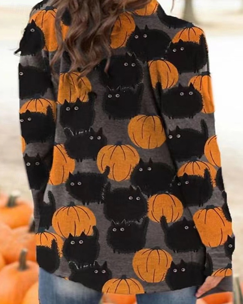 Dame Vinterfrakk Hold Varm Bekvem Trykt mønster Fritid Halloween Hodeskaller Halloween Ut på byen Helg Cardigan Normal V-hals Normal Langermet Yttertøy Oransje Lysegrå Mørkegrå Høst Vinter 2025 - $22.99 –P6