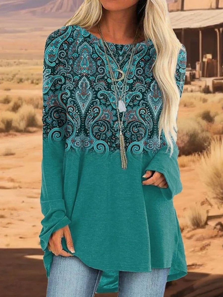 Femmes T-shirt Graphique Tribal ancien Élégant Occasionnel manche longue Col ras du cou Hauts Longs Quotidien Sortir Week-end Imprimé Bleu Violet Vert Kaki Printemps Automne de 2025 ? $24.99 –P1