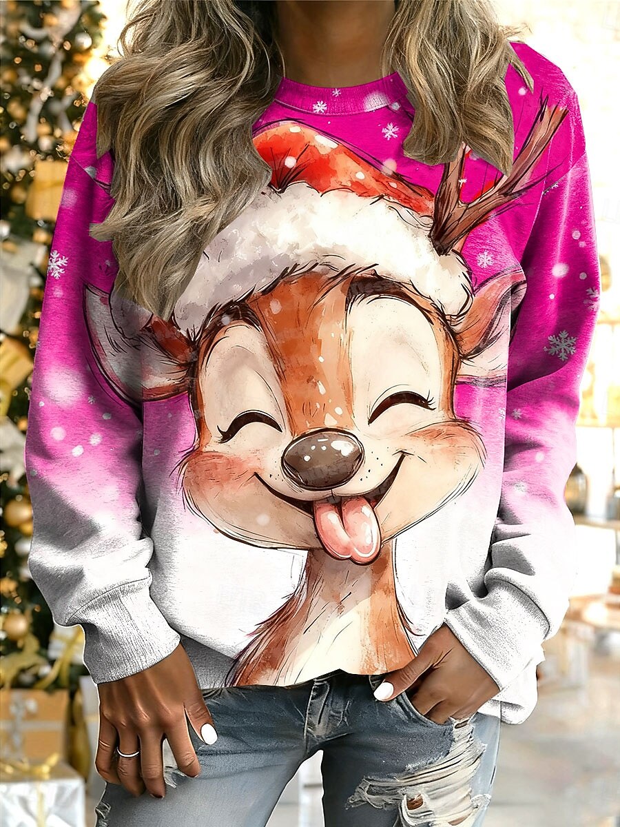 Dame Pullover Grafisk Reinsdyr Stygg jul Varm Klassisk Fritid Langermet Crew-hals Vanlige topper Hjem Gate Hverdag Trykt mønster Rosa Rød Blå Grønn Høst Vinter 2025 - $29.99 –P4
