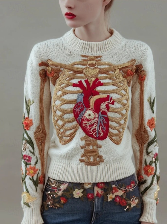 Kvinners genser skjelett søt streetwear uformell grafisk skjelett crew neck strikket langermet vanlig topper strikket hvit rosa høst vinter 2025 - $29.99 –P1