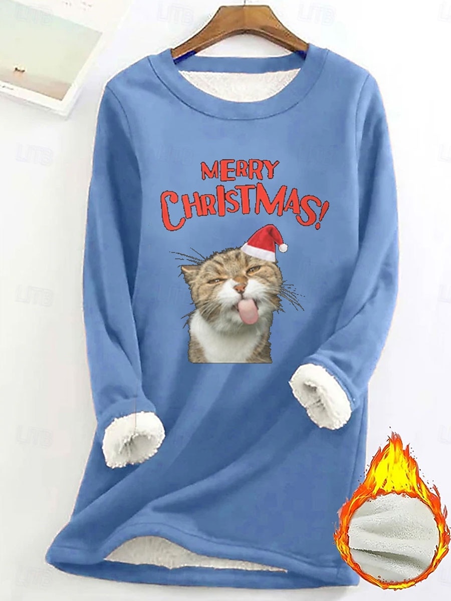 Dame Genser med genser Grafisk Katt Bokstaver Varm Fritid fuzzy Langermet Crew-hals Vanlige topper Gate Avslappet Lys Rosa Svart Mørk Rosa Blå Vår Høst Vinter 2025 - $29.99 –P2