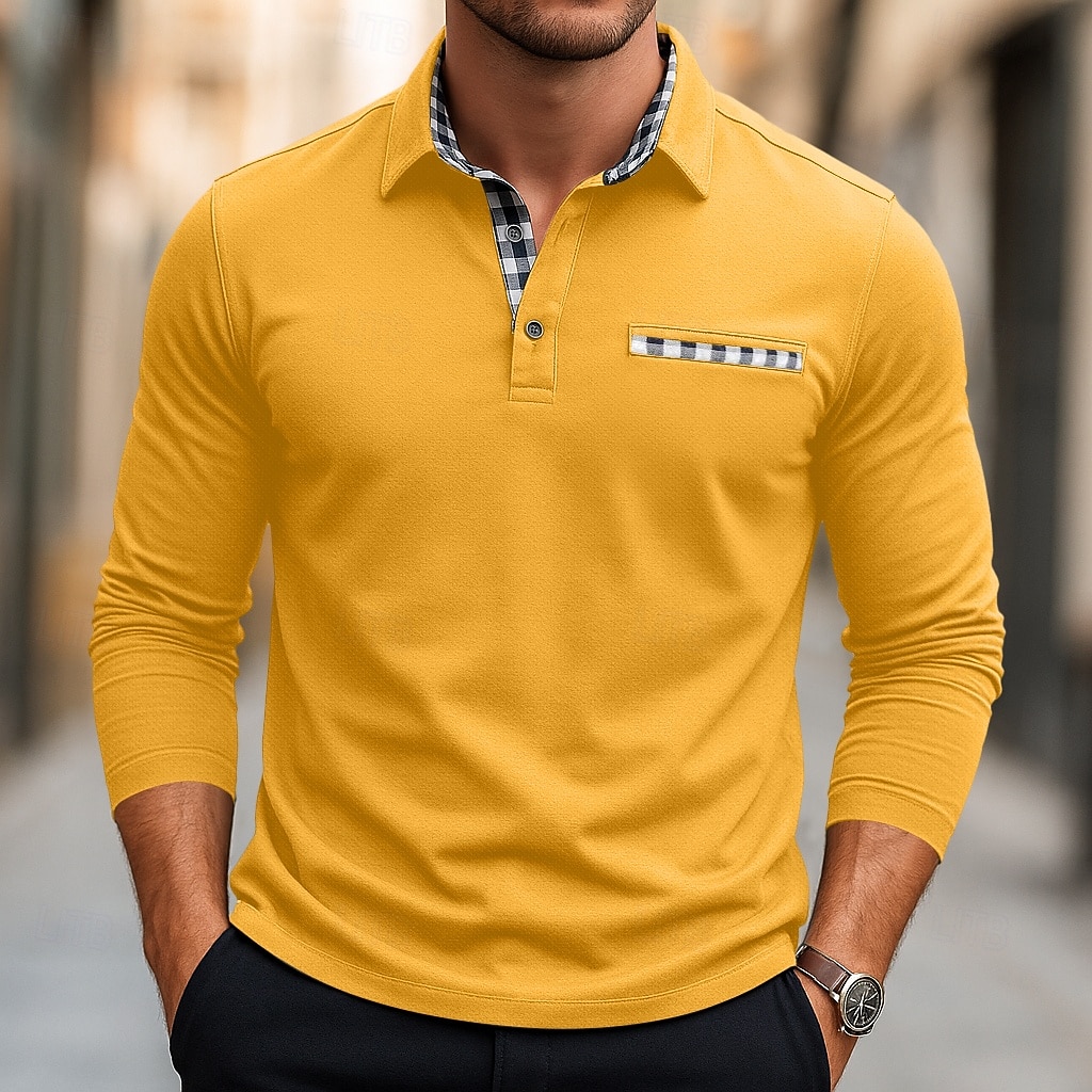 Herren Golfshirt Piqué-Poloshirt Urlaub Arbeit Umlegekragen Langarm Mode Basic Einfarbig Karomuster Kariert Knöpfe Sommer Frühling Herbst Normale Passform Schwarz Weiß Gelb Marineblau Golfshirt 2025 - $27.99 –P4