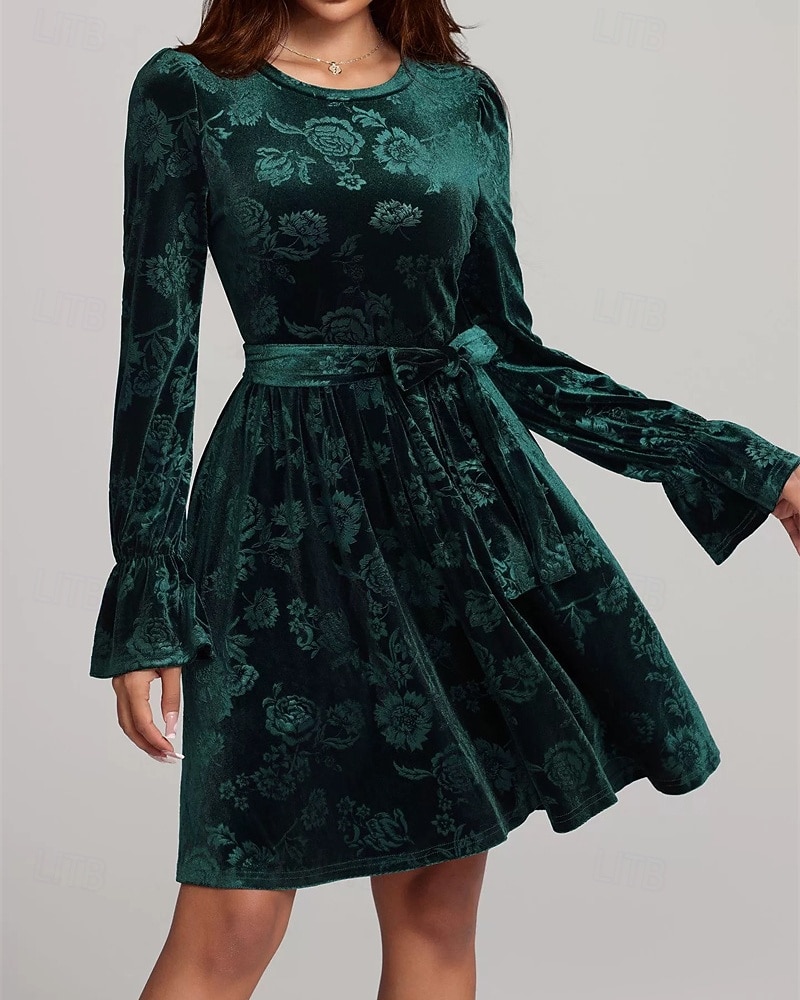 Per donna Abito Midi Abito in Velluto Abito da Cocktail Elegante Moda Moderno Quotidiano All'aperto Festa serale Vestibilità regolare Floreale Semplice Manica Lunga Girocollo Verde scuro Primavera del 2026 a $34.99 –P2