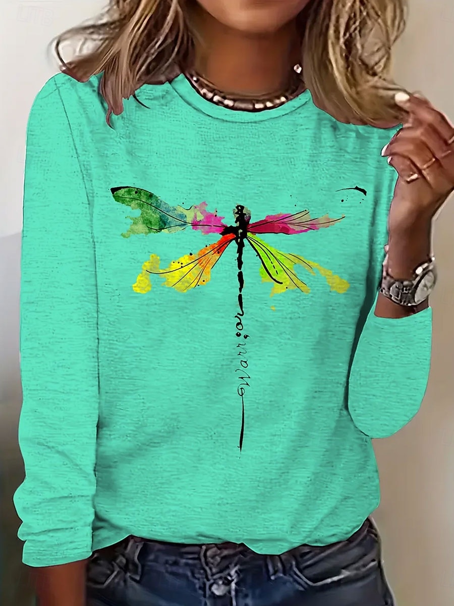 Damen T Shirt Druck Grafik Libelle Vintage Stilvoll Klassisch Langarm Rundhalsausschnitt Normale Oberteile Täglich Blau Rosa Grün Frühling Herbst Winter 2026 - $24.99 –P2