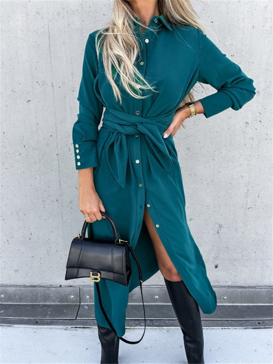 Femmes Robe Midi Robe trapèze Occasionnel Quotidien Coupe régulière Uni manche longue Revers Noir Rouge Vert Abricot Printemps Automne Hiver de 2025 ? $31.99 –P5