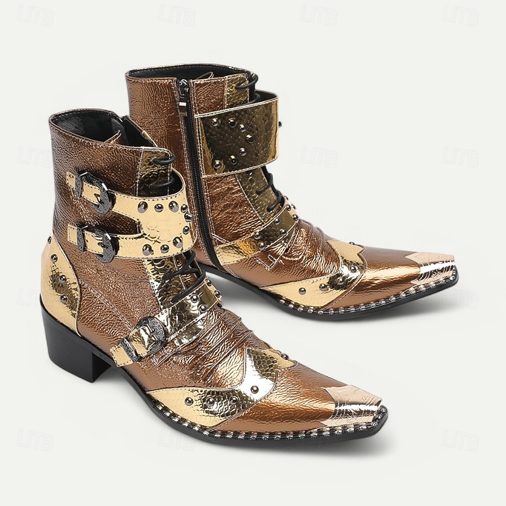 Bottines rétro punk pour homme – en cuir de vachette véritable marron avec rivets et brides à boucle, style rock gothique pour concerts, discothèques et mode moto de 2025 ? $159.99 –P7