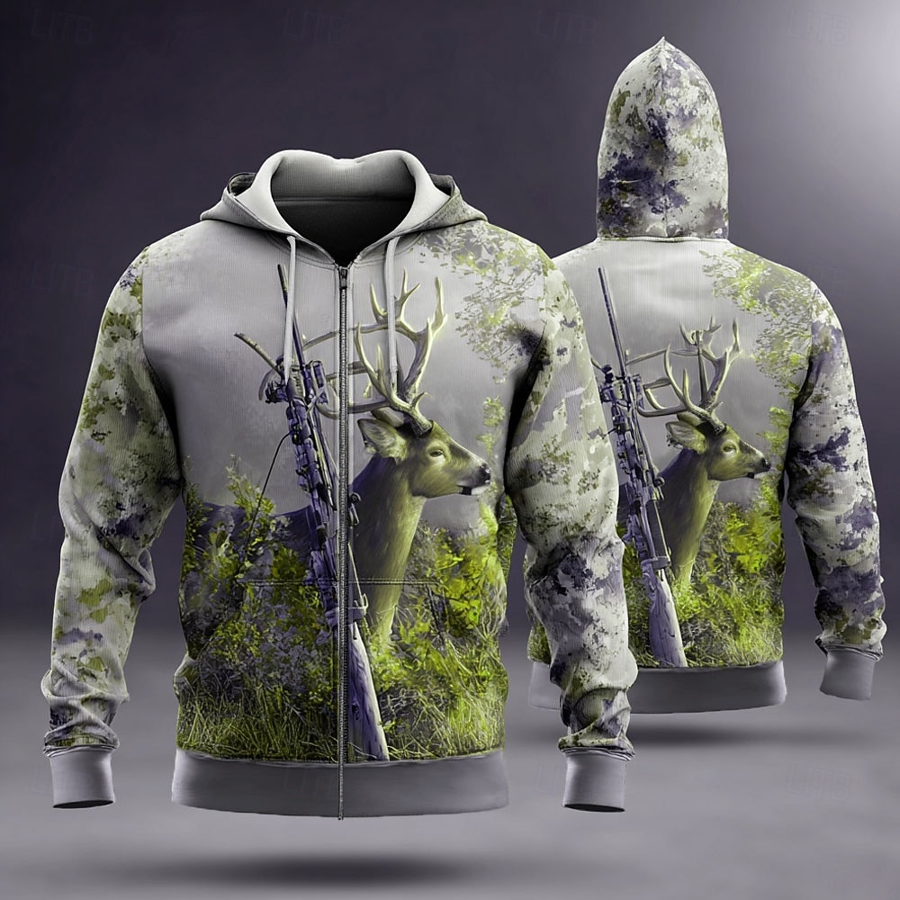 Męskie Kamuflaż Jeleń Bluza z Kapturem Ceket Bluzy Moda Codzienny Kaptur Urlop Łowiectwo Brązowy Zielony Ściągana na sznurek Zamek Jesień Zima Projektant 2025 - $29.99 –P2