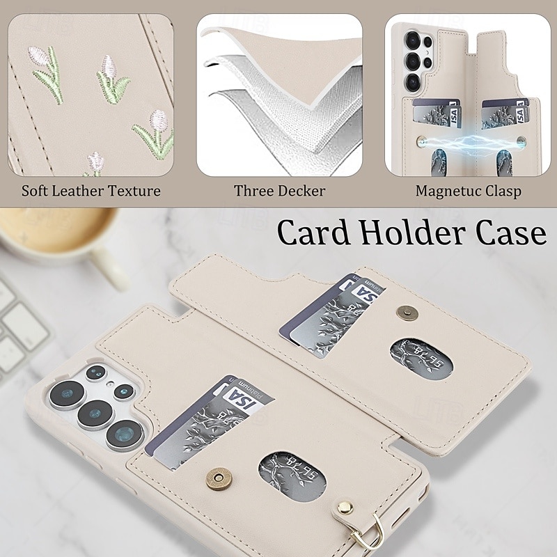 telefoon hoesje Voor Samsung Galaxy S25 S24 S23 Ultra Plus A56 A36 A16 A55 5G A35 5G A15 A14 Achterkant met draagkoord Standaard Kaartsleuf Retro Bloem Bloemen TPU PU-nahka 2025 - $16.99 –P9